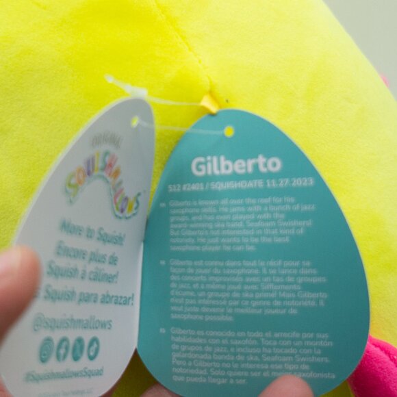 12" Gilberto the Pink tip Yellow Shark Squishmallows Plush Toy BNWT - Picture 5 of 5